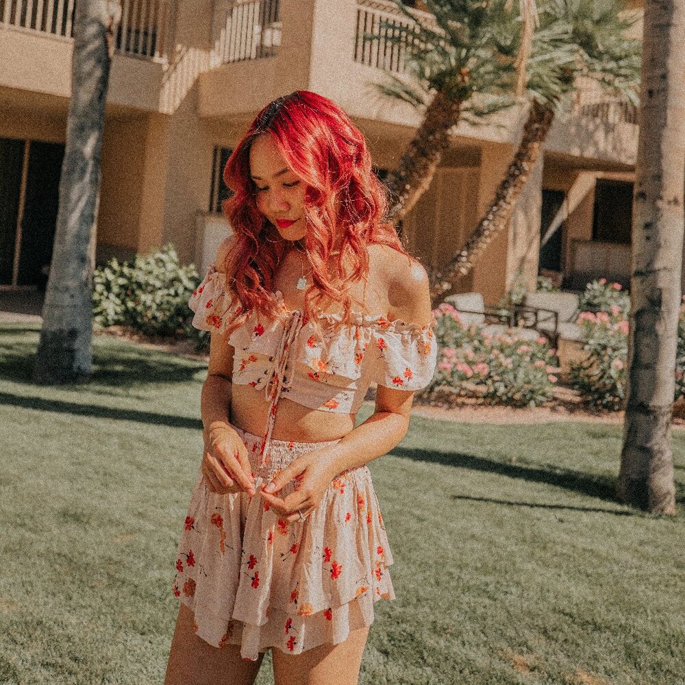 MAJORELLE Two-Piece Coord Set with Floral Print Ruffles